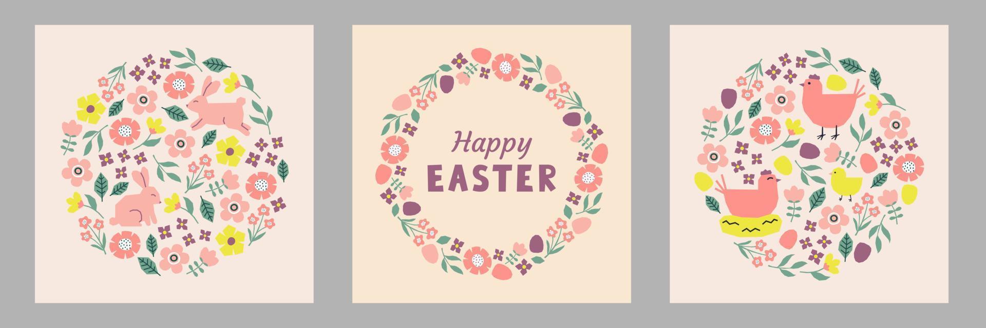 Set of Easter cards cutout colorful elements. Rabbits, chickens, hens, flowers and leaves vector