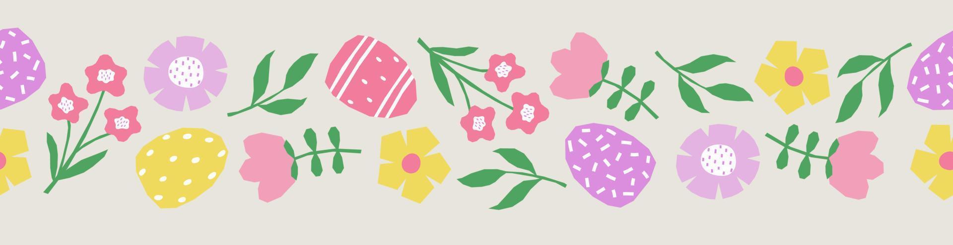 Seamless border with hand drawn Easter eggs, flowers and leaves. Cutout colorful plants and eggs on grey background. vector