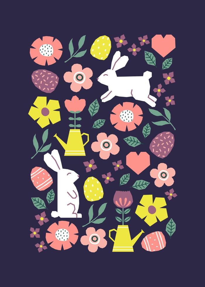 Easter card with rabbits, flowers and leaves pattern. Cutout colorful elements on dark blue background vector