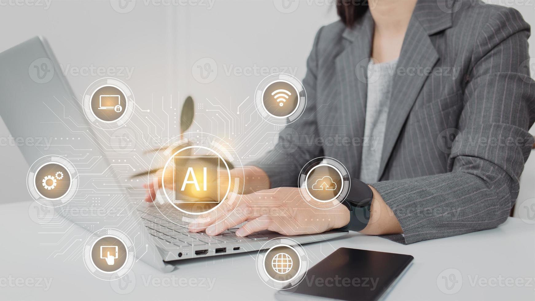 AI. Artificial intelligence and machine learning concept. Businesswoman using laptop computer. photo