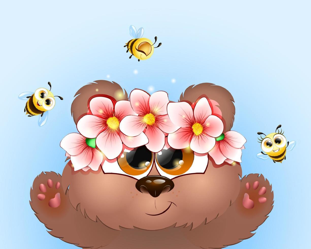 Cute fluffy cartoon funny little brown bear with wreath of flowers and flying bees. vector