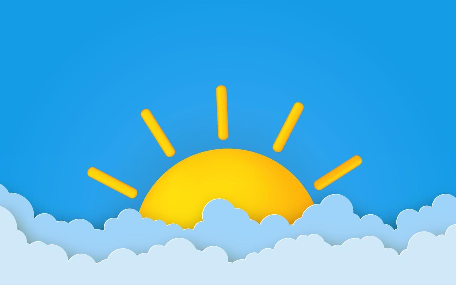 Dawn. Sunset. Fluffy clouds and sun on blue sky background. vector