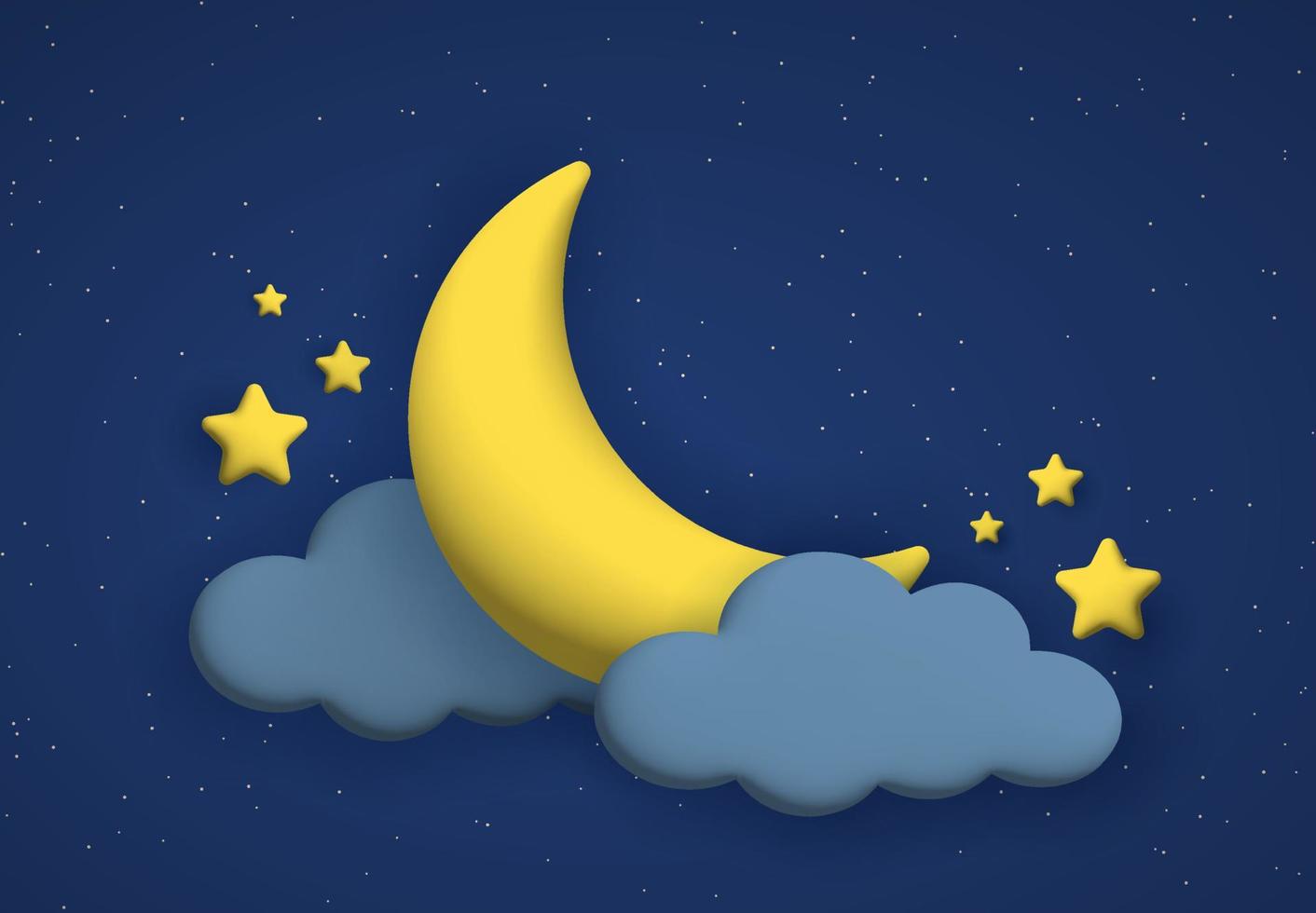 Cute night sky background with 3d clouds, moon and stars. vector