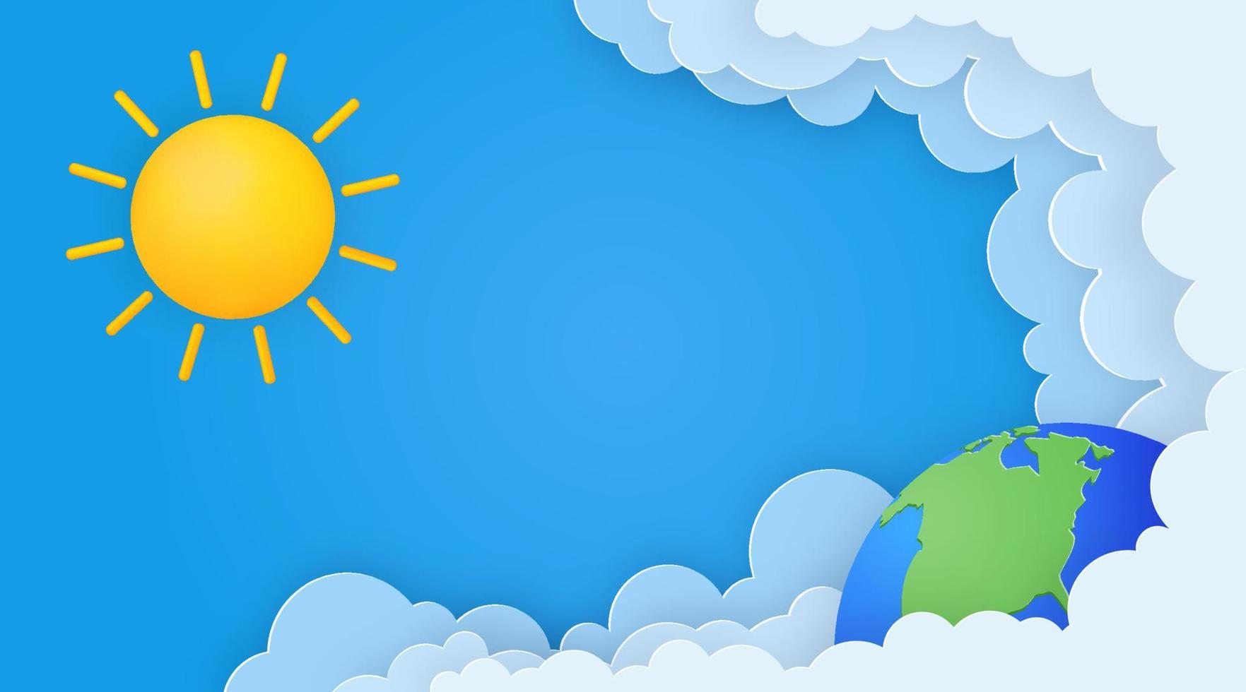 Cute summer banner with sun, paper clouds and earth planet on blue sky background. vector