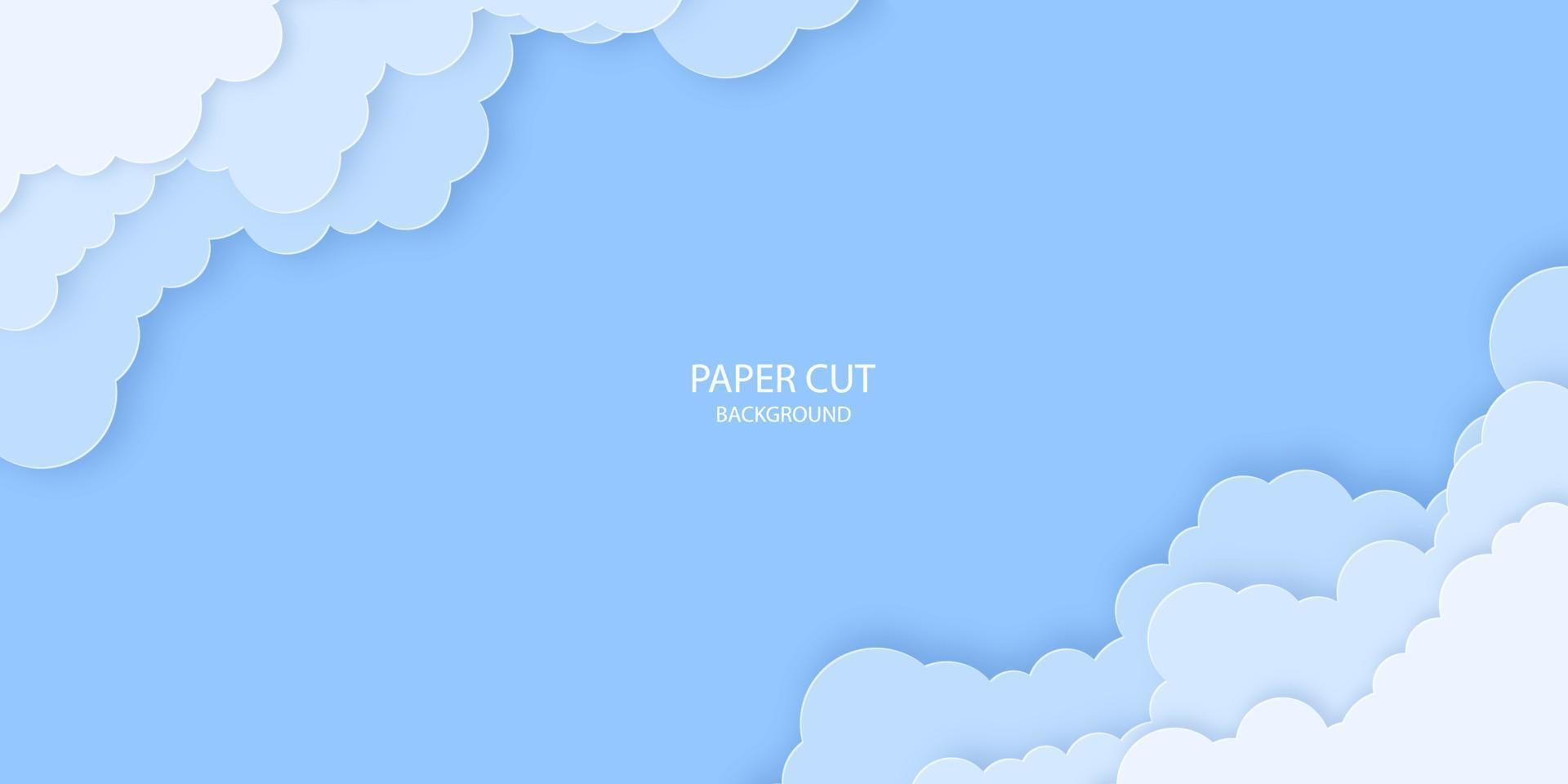 Fluffy paper cut out clouds on blue sky background. vector