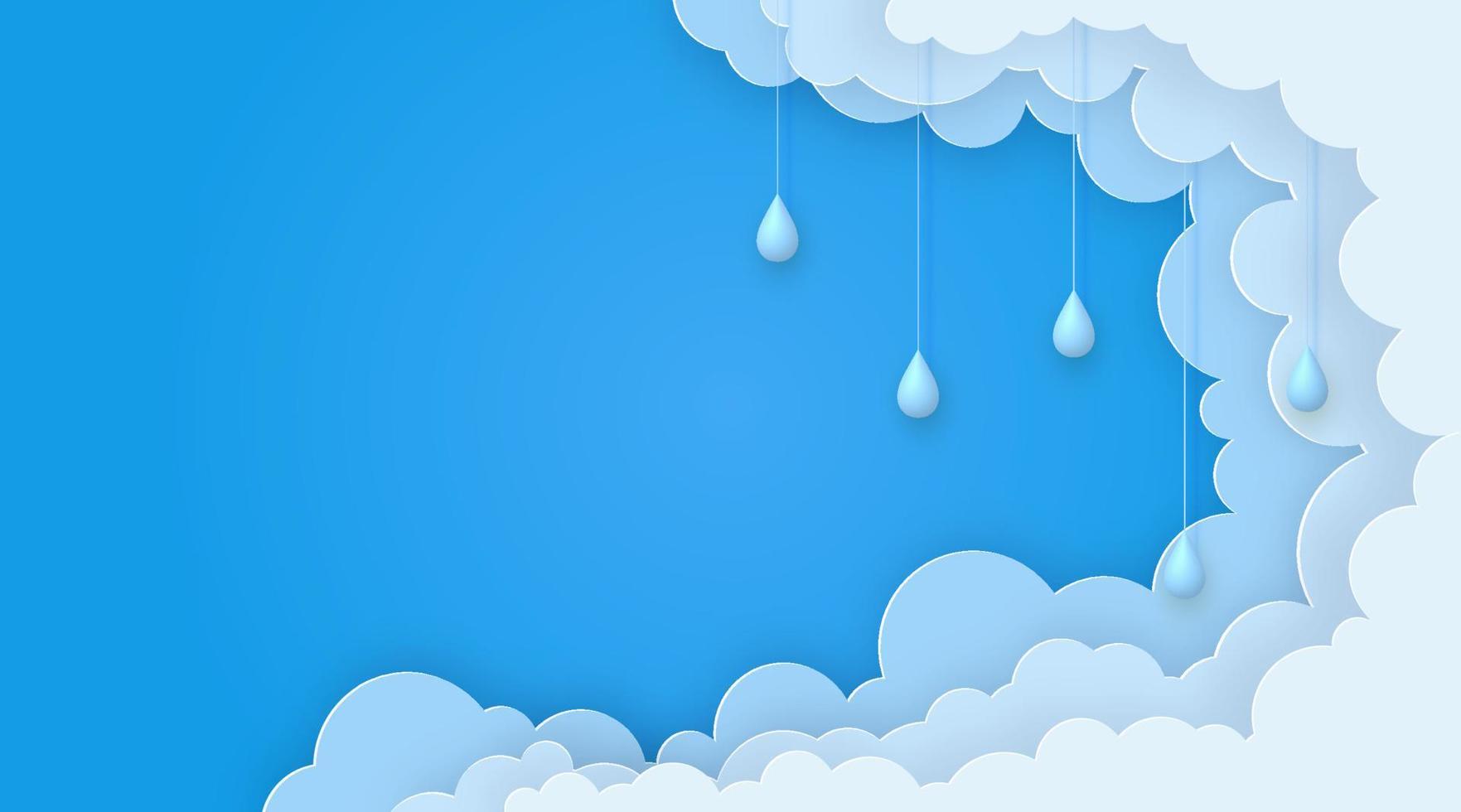 Cute summer banner with paper clouds and 3d raindrops on blue sky background. vector