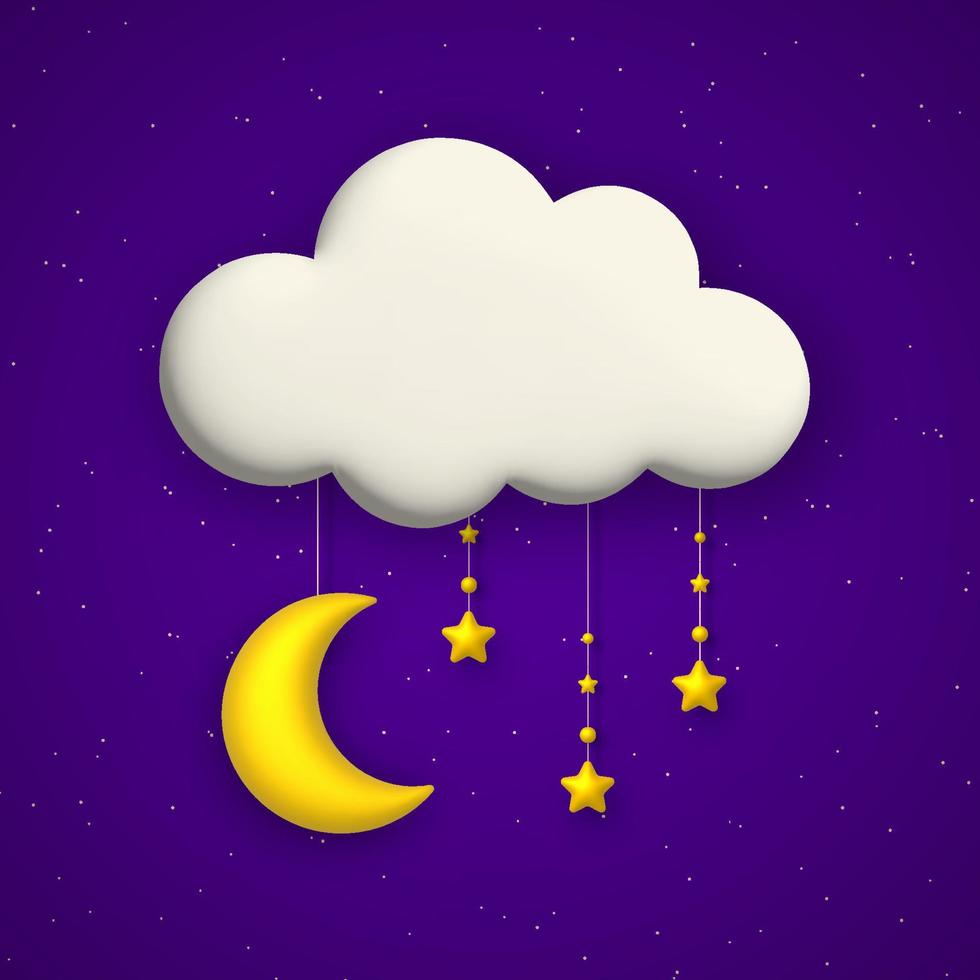 linda noche antecedentes con azul cielo, nube, dorado estrellas y Luna guirnalda. vector ilustración.