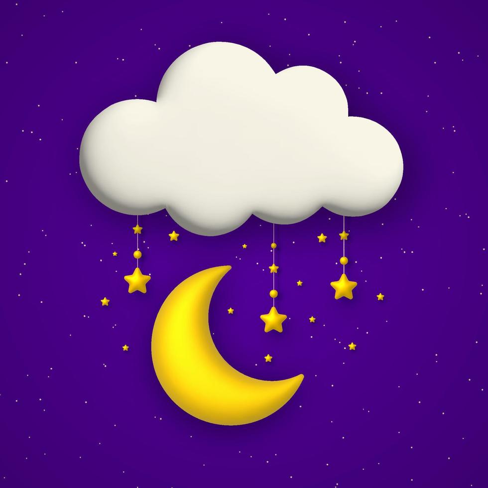 Cute background with blue night sky, cloud, golden stars and moon garland. Vector illustration.