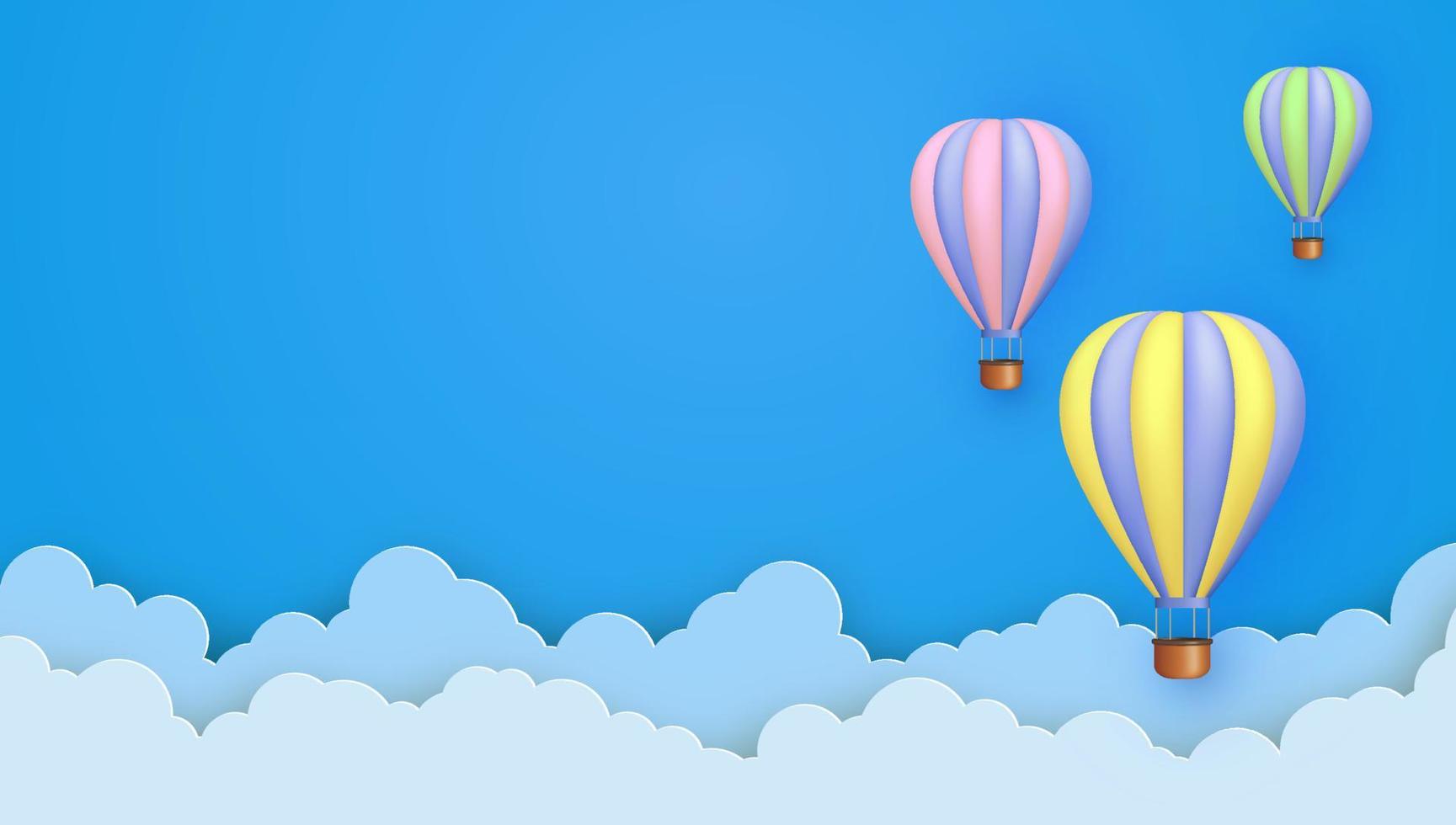 hermosa 3d caliente aire globos volador terminado nubes en un azul cielo antecedentes. papel cortar y 3d dibujos animados estilo. vector