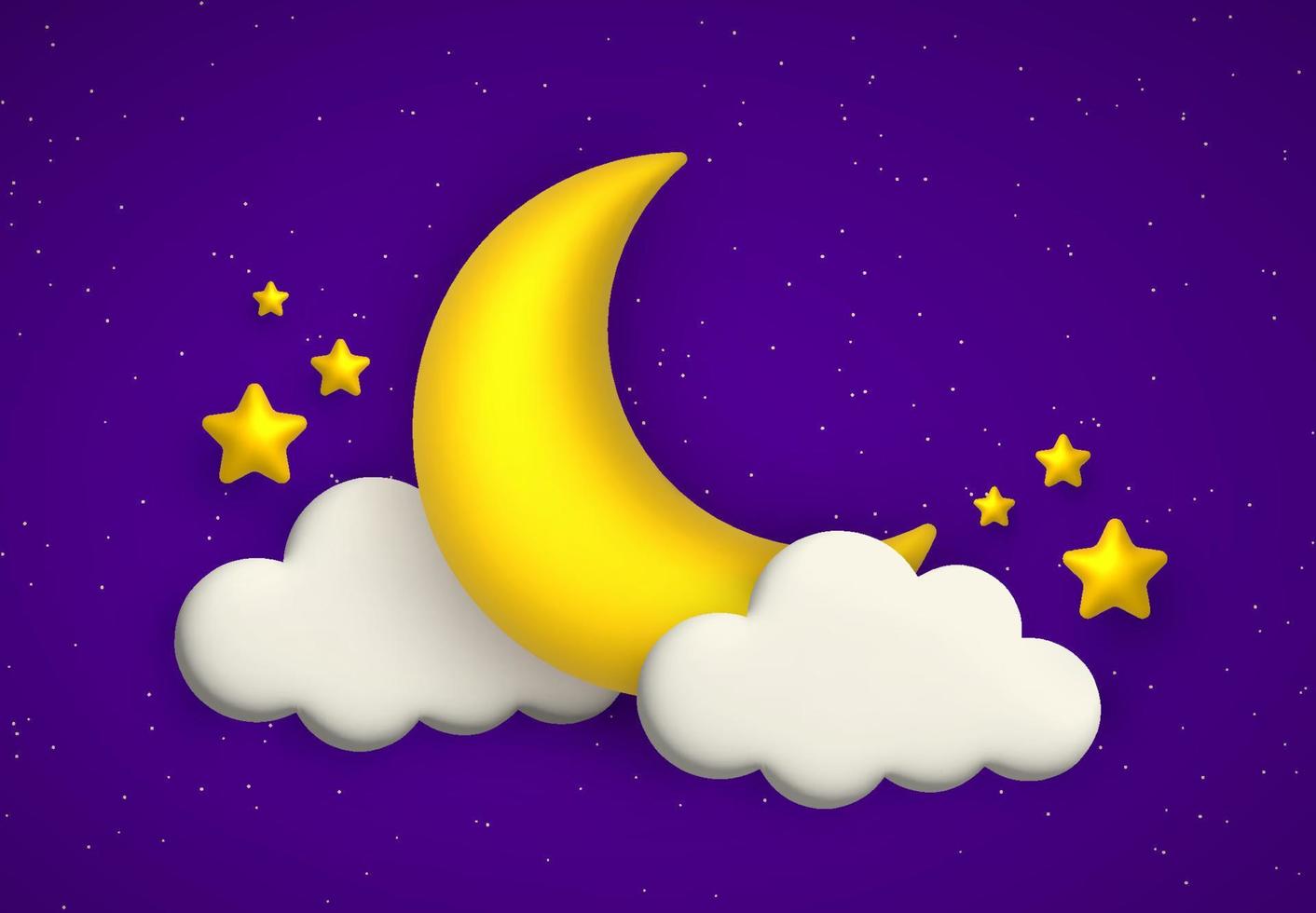 Cute night sky background with 3d clouds, golden moon and stars. 3d cartoon vector illustration.