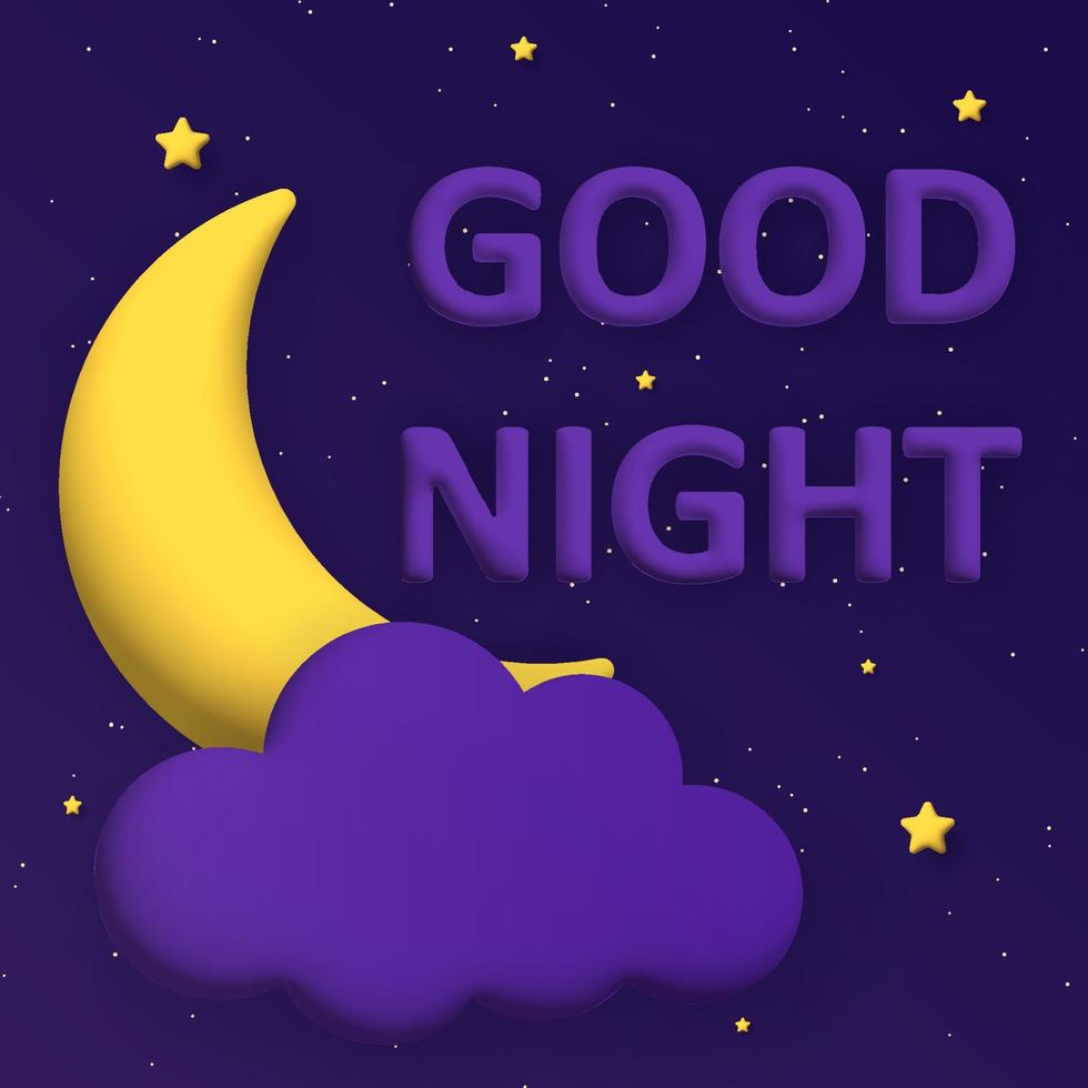 Cute good night background with 3d moon and stars. square composition. vector