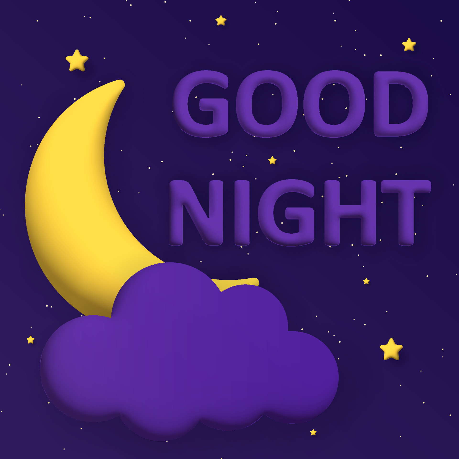 Cute good night background with 3d moon and stars. square composition