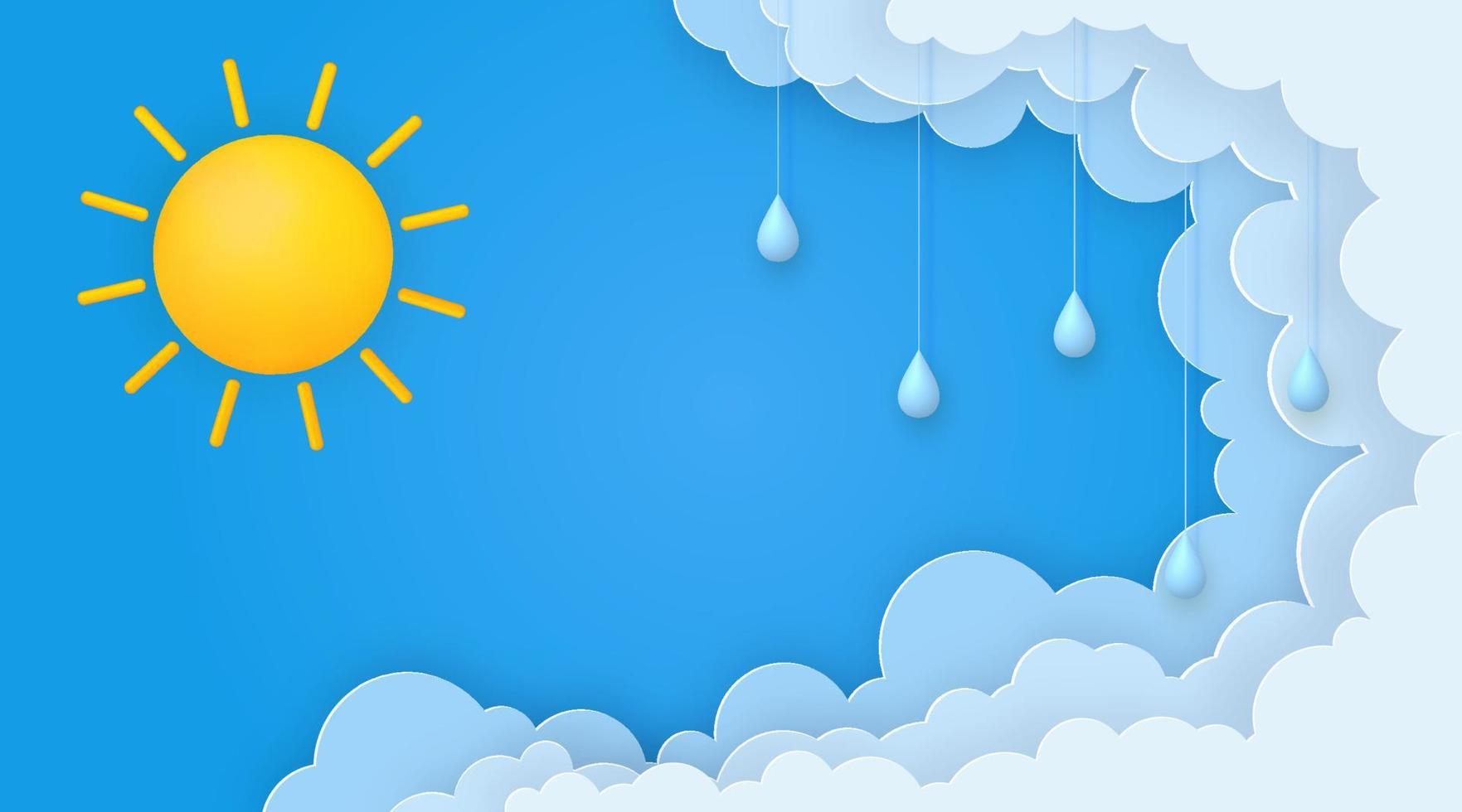 Cute summer banner with sun, paper clouds and 3d raindrops on blue sky background. vector
