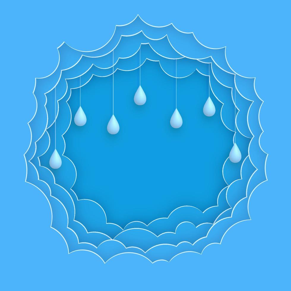 Blue sky background with paper clouds and 3d rain drops. Paper cut and 3d cartoon style. vector