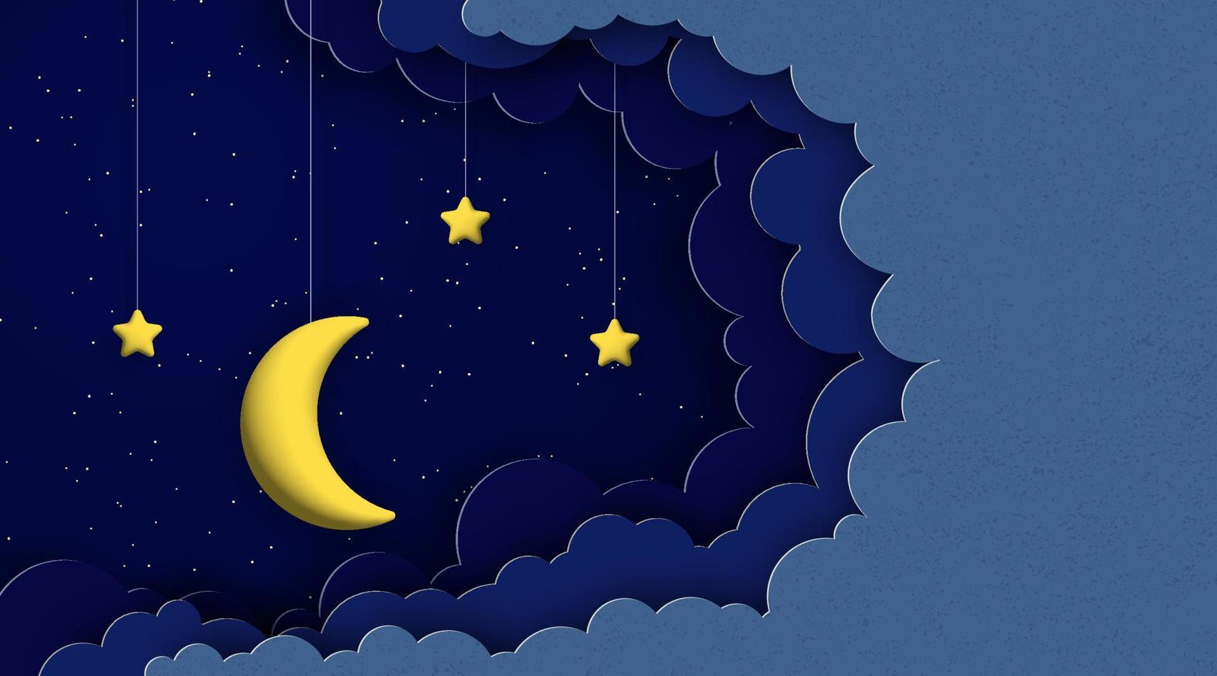 3d Luna y estrellas en nubes y noche estrellado cielo antecedentes. vector