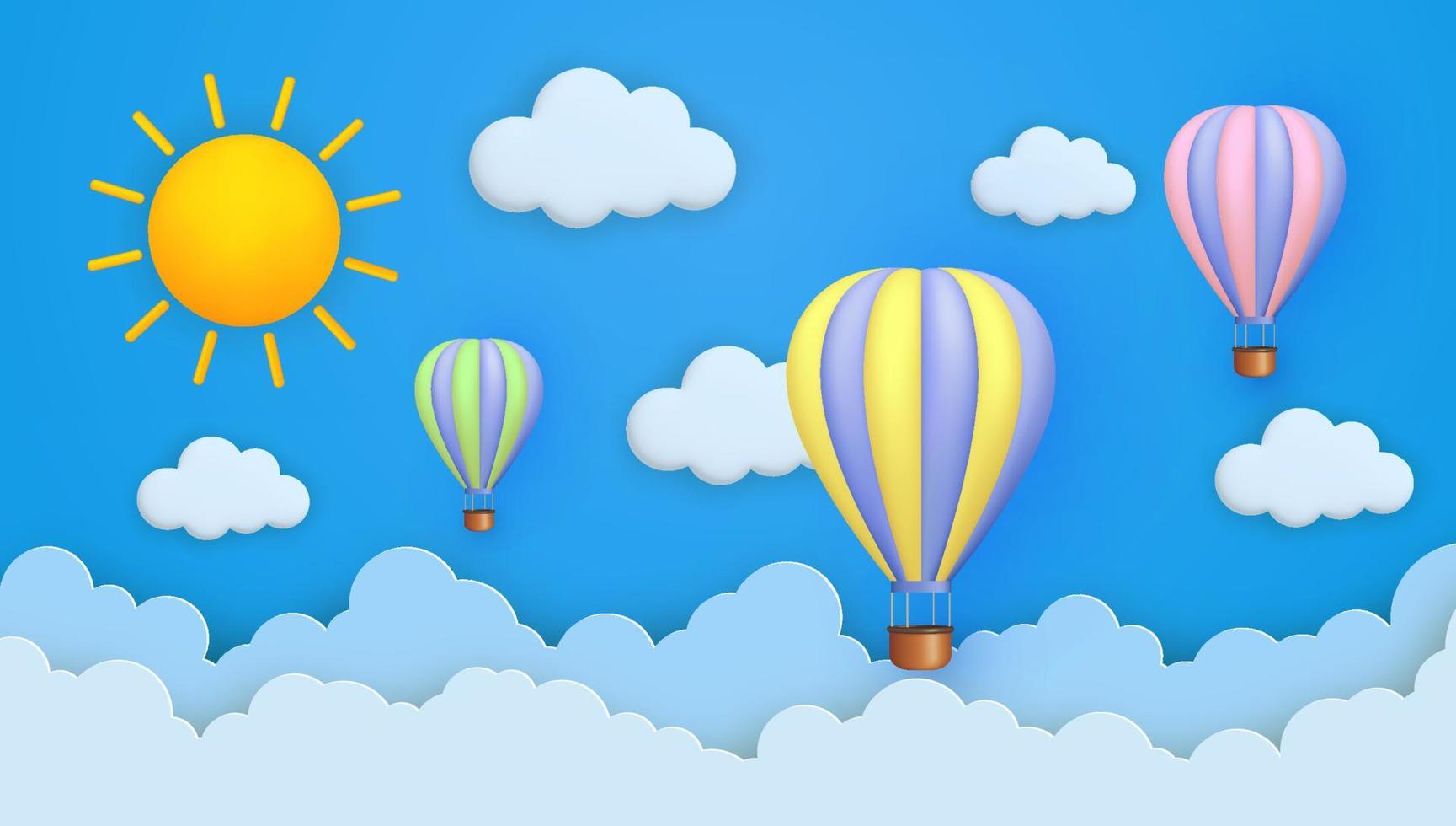 Cute background with 3d hot air balloons, clouds on a blue sky. Paper cut and 3d cartoon style. vector