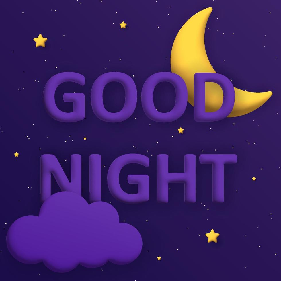 Stylish good night background with 3d moon, cloud and stars. square composition. vector