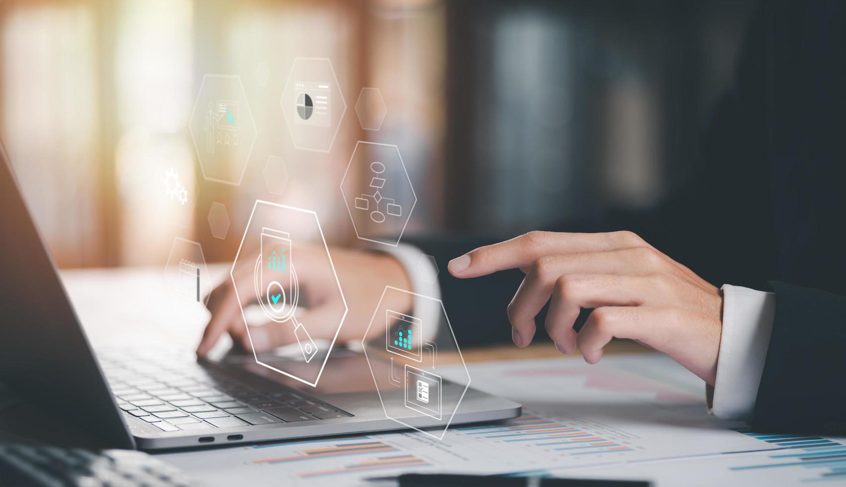 Businessman Audit documents, quality assessment management With a checklist, business document evaluation process, market data report analysis and consulting, and improvement of corporate strategy photo