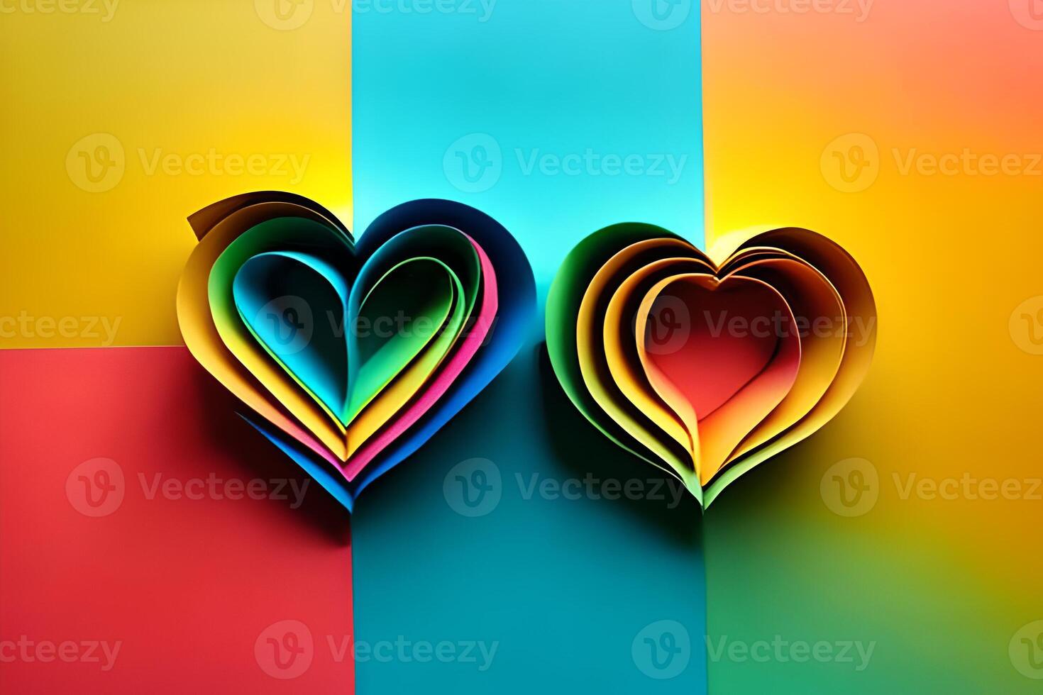 Two rainbow colored paper cut out in the love heart shape. Paper art rainbow heart background with 3d effect, heart shape in vibrant colors, vector illustration. photo