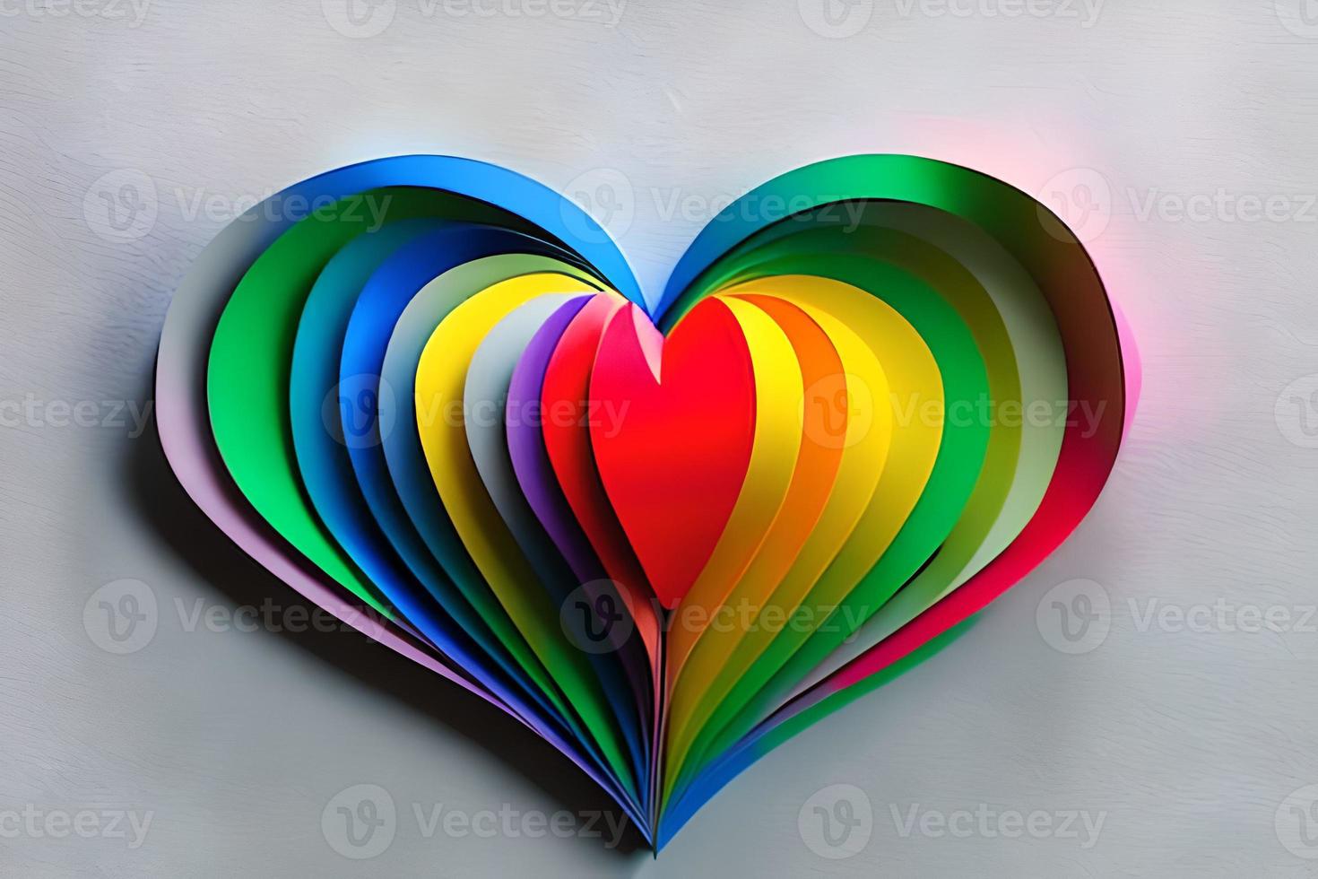 arco iris de colores papel cortar fuera en el amor corazón forma. papel Arte arco iris corazón antecedentes con 3d efecto, corazón forma en vibrante colores, vector ilustración. foto