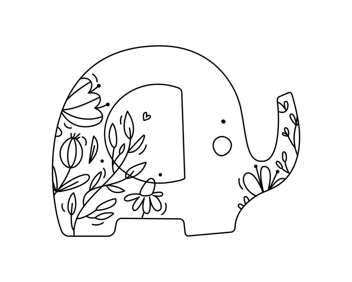 mano dibujado vector linda bebé elefante con línea bayas, sucursales, flor textura. icono contorno ilustración para saludo tarjeta bebé, web diseño, invitación