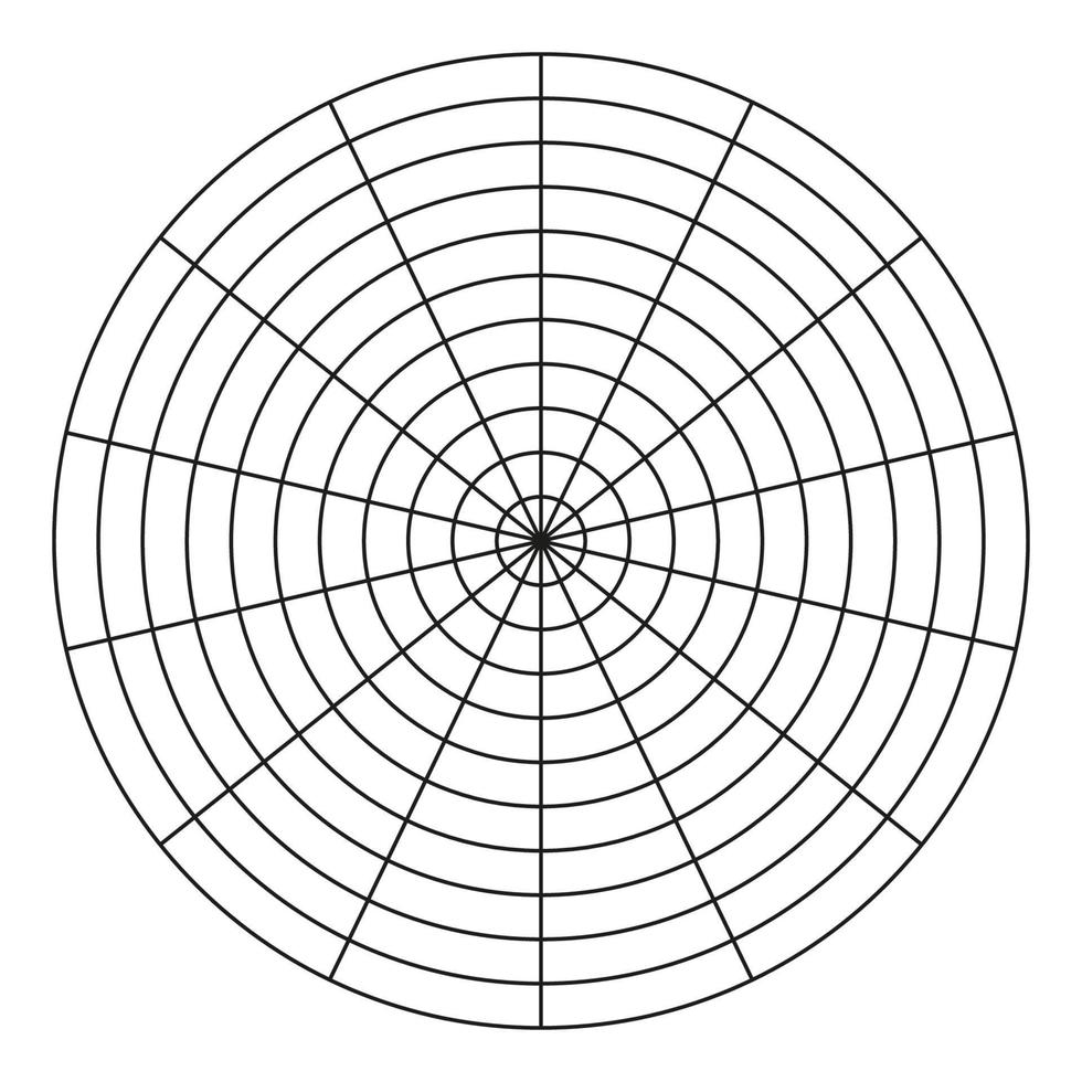Polar grid of 14 segments and 10 concentric circles. Coaching tool. Wheel of life template. Circle diagram of lifestyle balance. Vector blank polar graph paper.