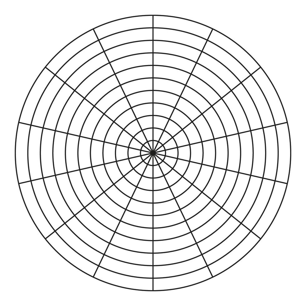 polar cuadrícula de 14 segmentos y 10 concéntrico círculos entrenamiento herramienta. rueda de vida modelo. circulo diagrama de estilo de vida balance. vector blanco polar grafico papel.