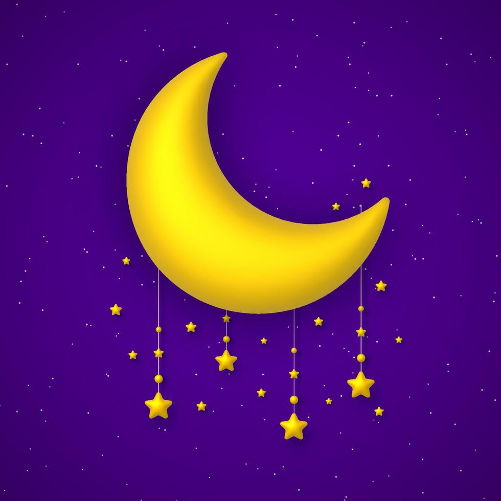 Cute background with golden moon and stars garland on blue night sky. Vector illustration.