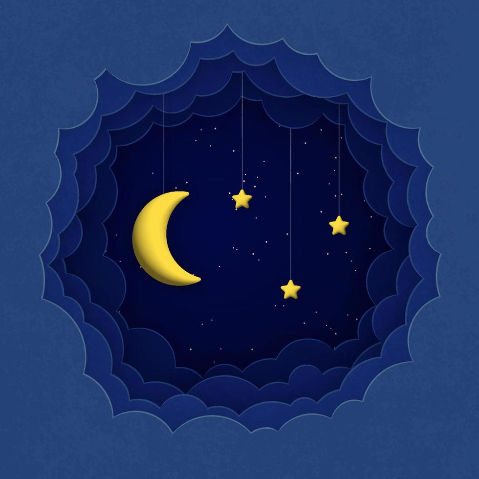 linda noche cielo antecedentes con papel nubes, 3d Luna y estrellas. cuadrado composición. vector