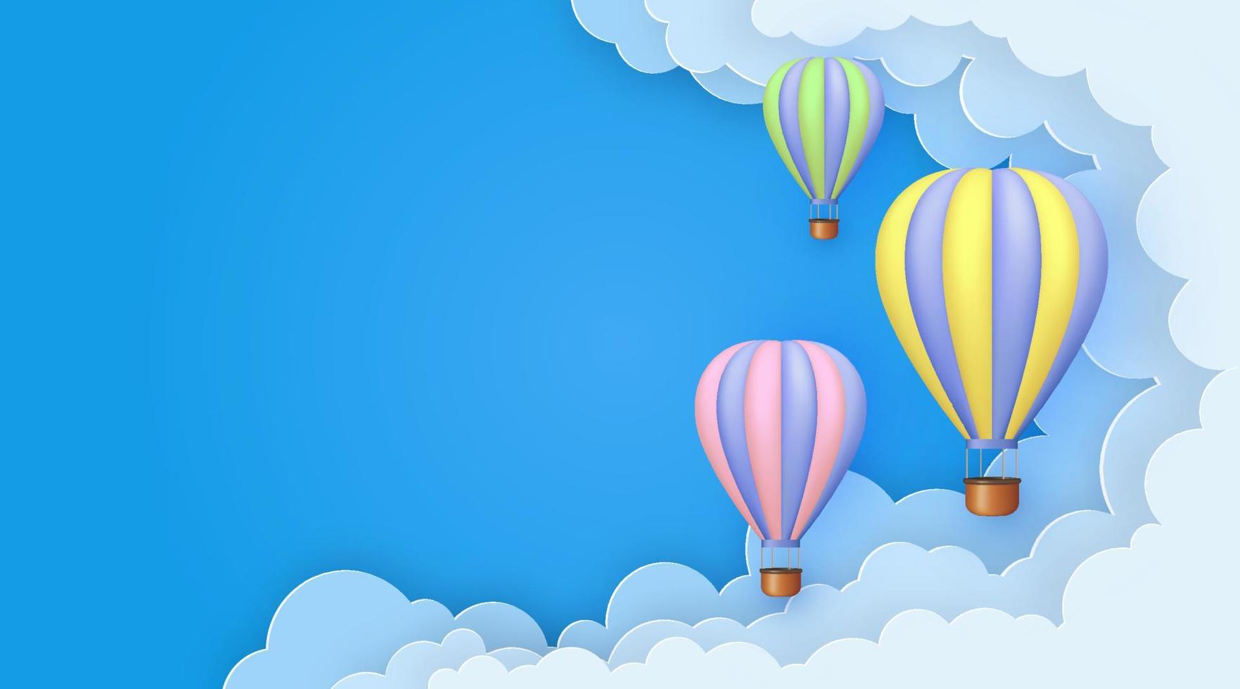 hermosa 3d globos volador en azul cielo con papel nubes vector