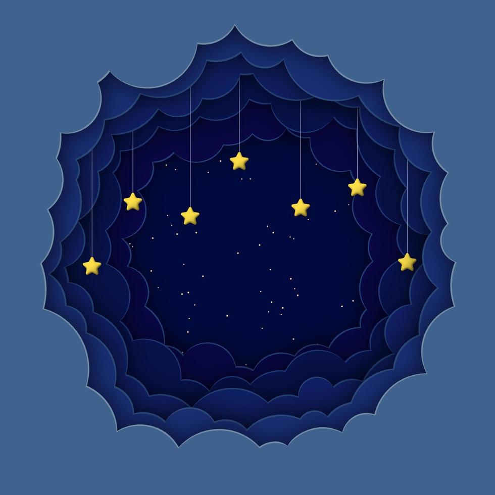 Night sky background with paper clouds and 3d stars. Square composition. Paper cut out and 3d realistic style. vector