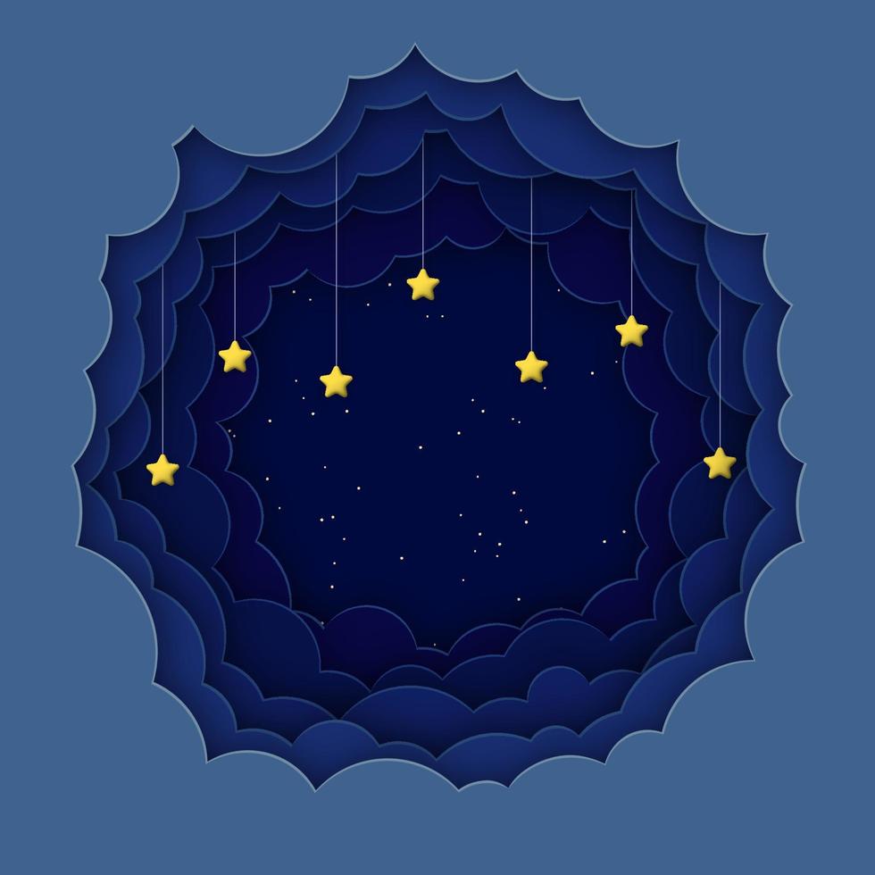 Night sky background with paper clouds and 3d stars. Square composition. Paper cut out and 3d realistic style. vector