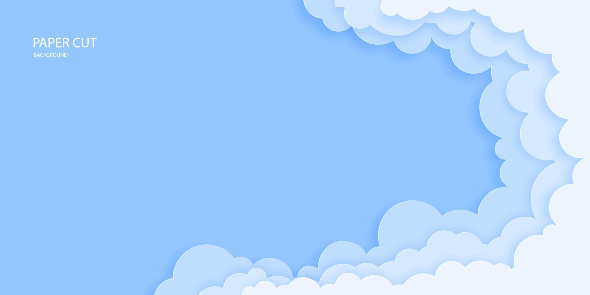 Beautiful blue sky with 3d fluffy clouds. Greeting card, background, banner, frame, tourism concept, poster. Paper cut out art digital craft style. Vector illustration.