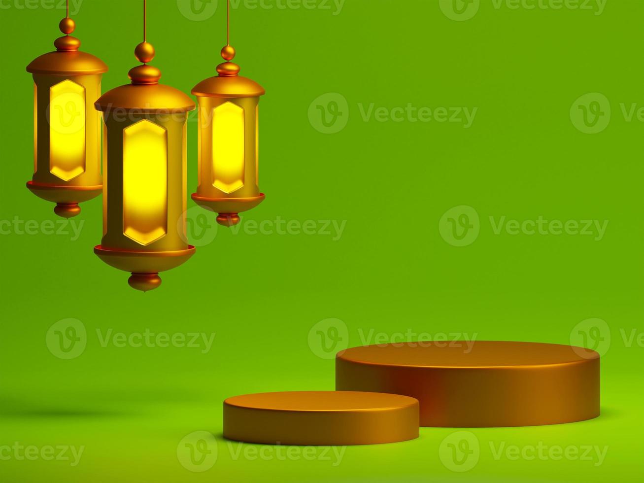 3d rendering gold podium product display with islamic hanging lanterns on green background. Eid Mubarak and Ramadan holiday sales concept photo