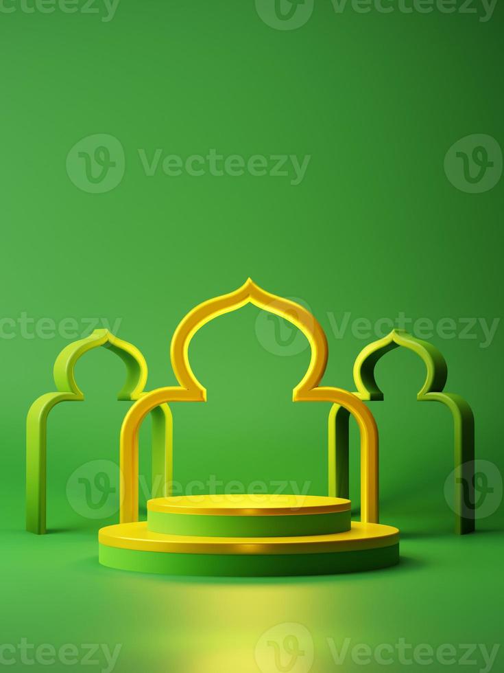 3d product display and islamic festival decorative element with empty space for greeting promotion sale campaign on green background photo