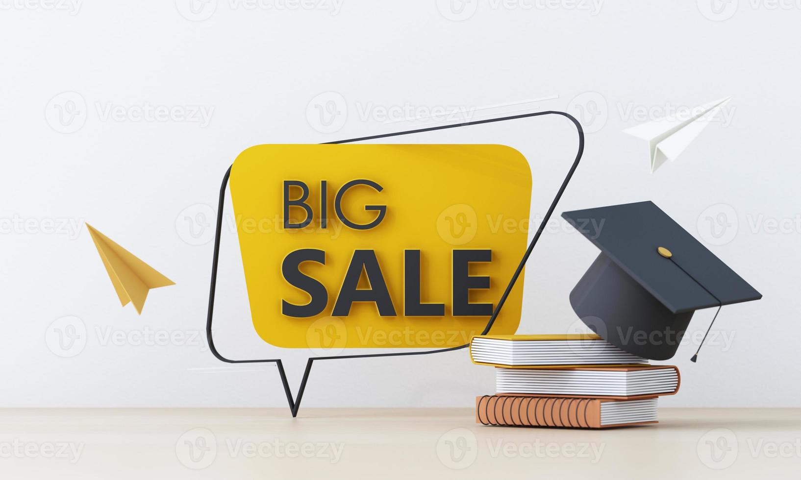 Back to school sale banner money with stack of books and cap or hat and sale red text and podium product stand in white background for education school shopping promotion. 3d render illustration. photo