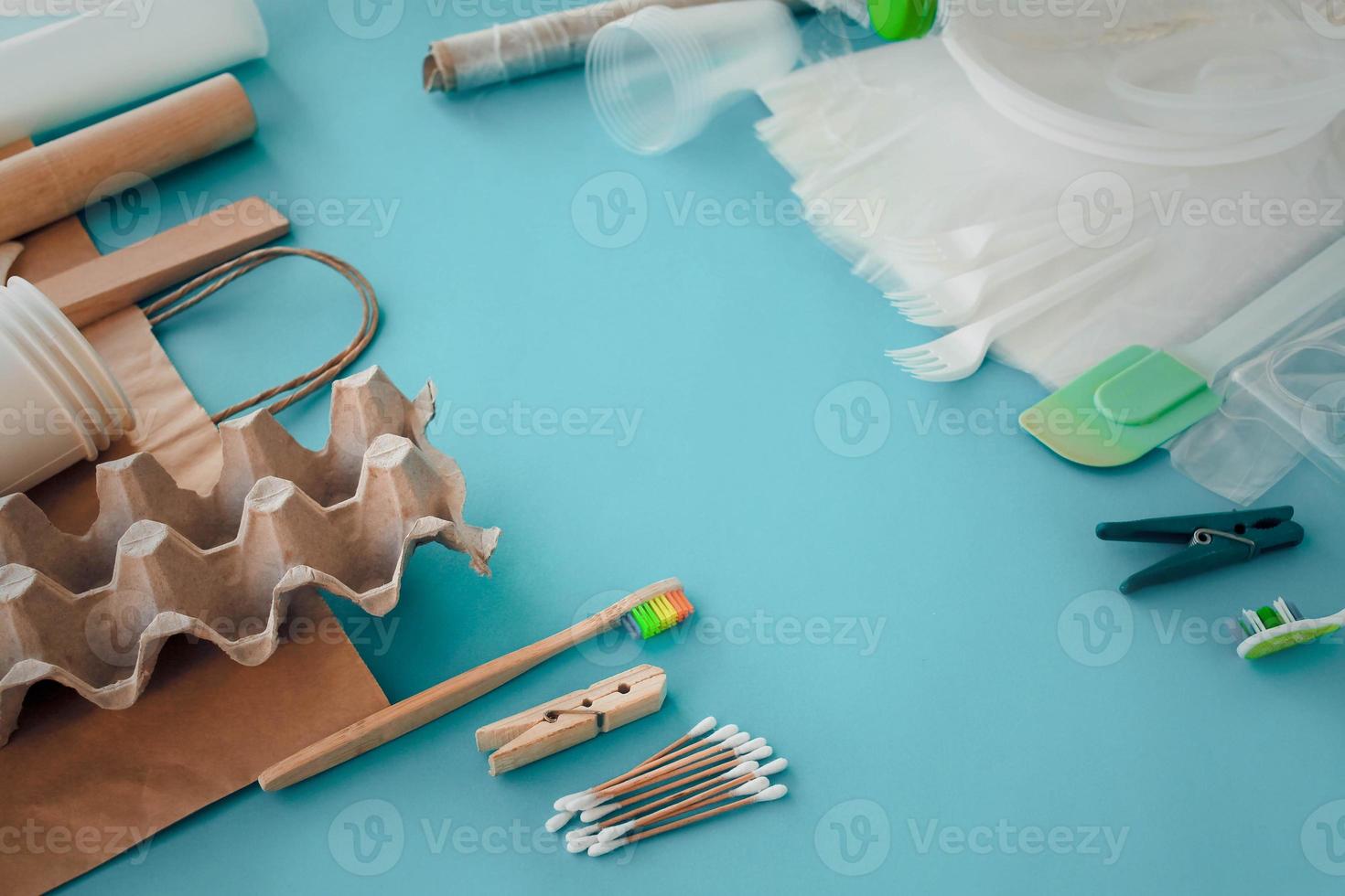 Set of plastic items and replacing them with eco  tableware wooden and paper bag. Zero waste concept. photo