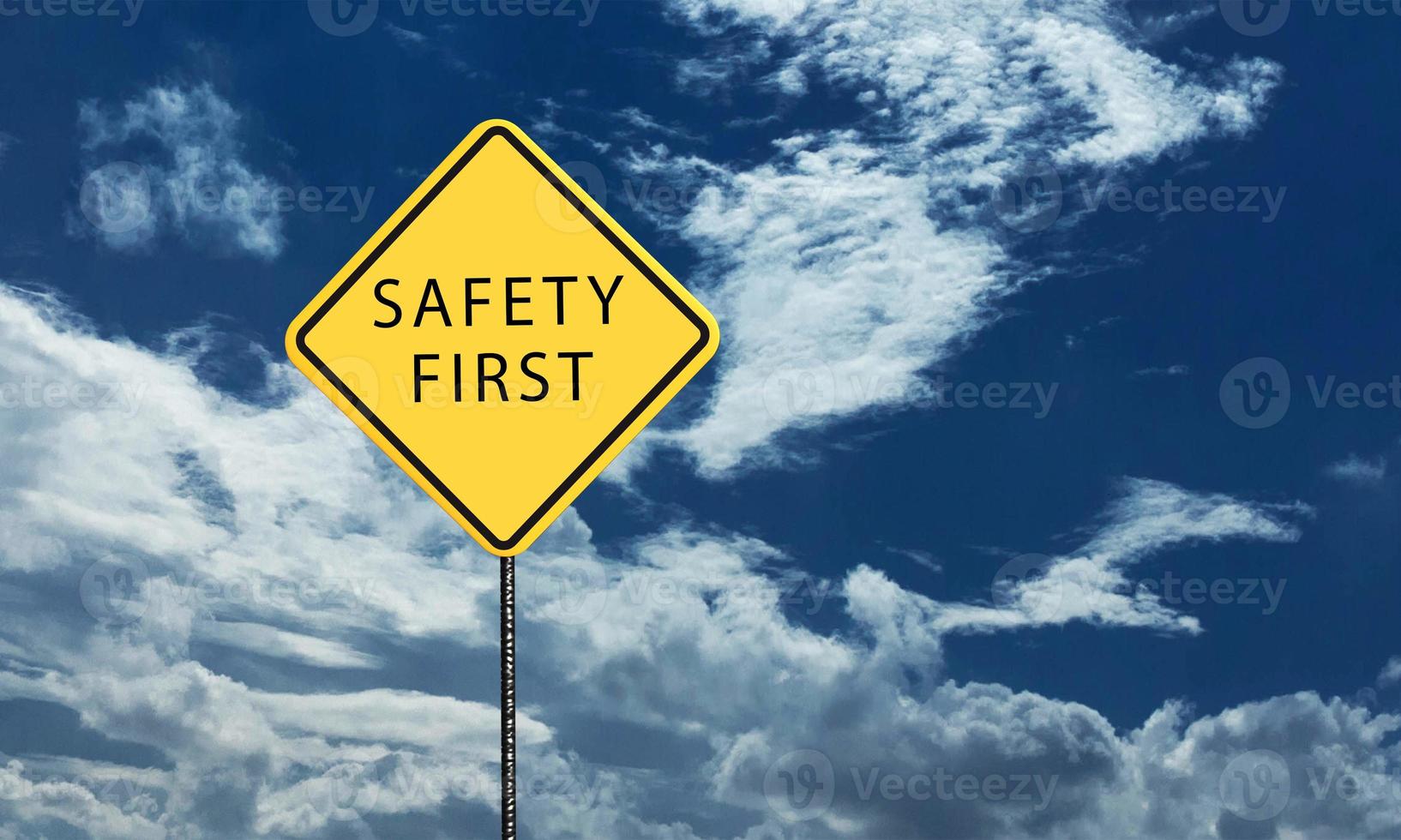 safety first blue sky sign yellow color gradient danger warning attention hazard caution symbol safety first right security street traffic icon construction labor employee accident safety.3d render photo