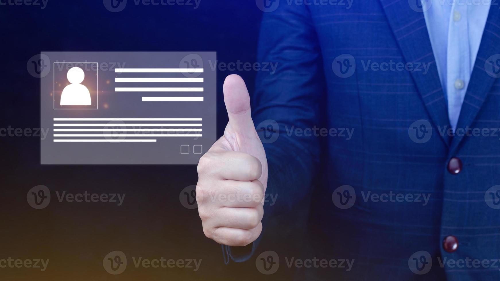 Human resources manager choosing professional profile to hire on virtual screen interface, recruitment concept. Businessman hand pointing icon resource HR management concept photo