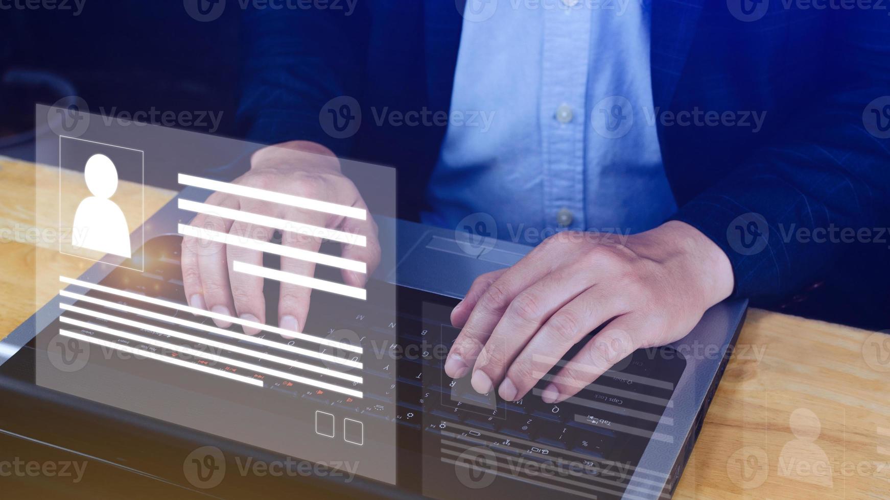 Human resources manager choosing professional profile to hire on virtual screen interface, recruitment concept. Businessman hand pointing icon resource HR management concept photo