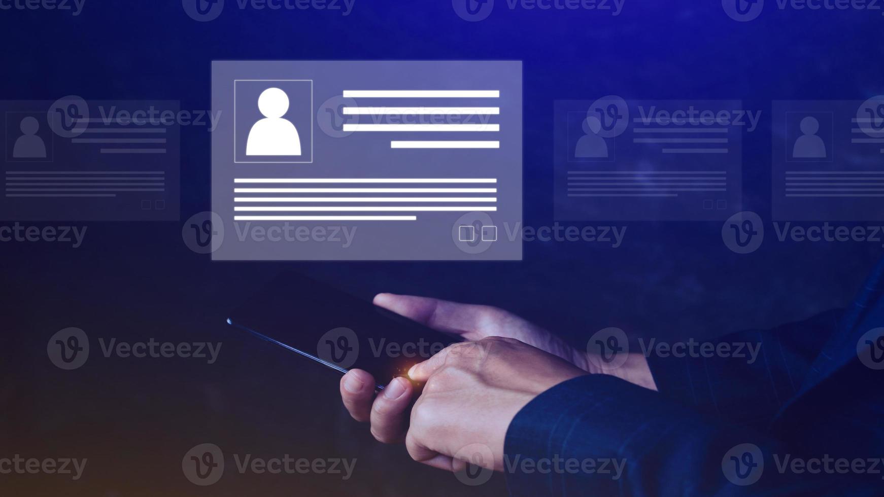 Human resources manager choosing professional profile to hire on virtual screen interface, recruitment concept. Businessman hand pointing icon resource HR management concept photo