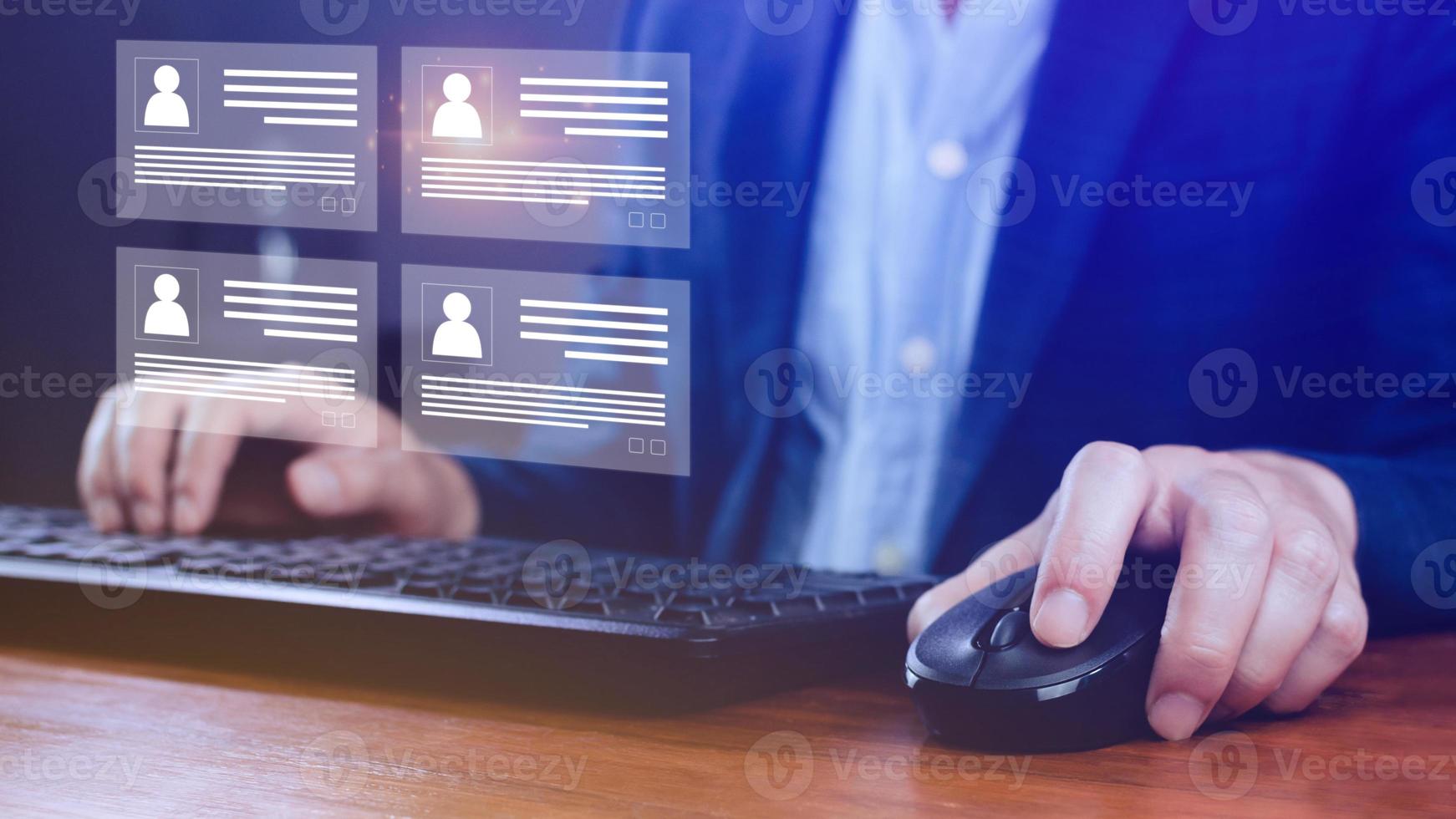 Human resources manager choosing professional profile to hire on virtual screen interface, recruitment concept. Businessman hand pointing icon resource HR management concept photo