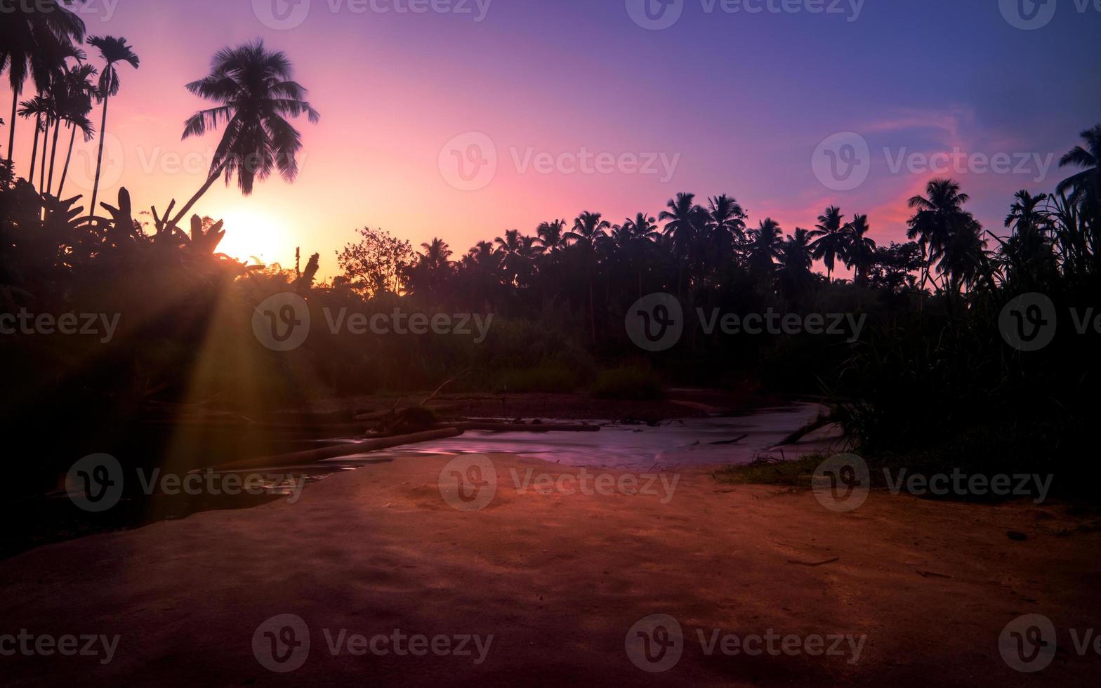 Early morning landscape. Beautiful sunrise with river and trees in silhouette photo
