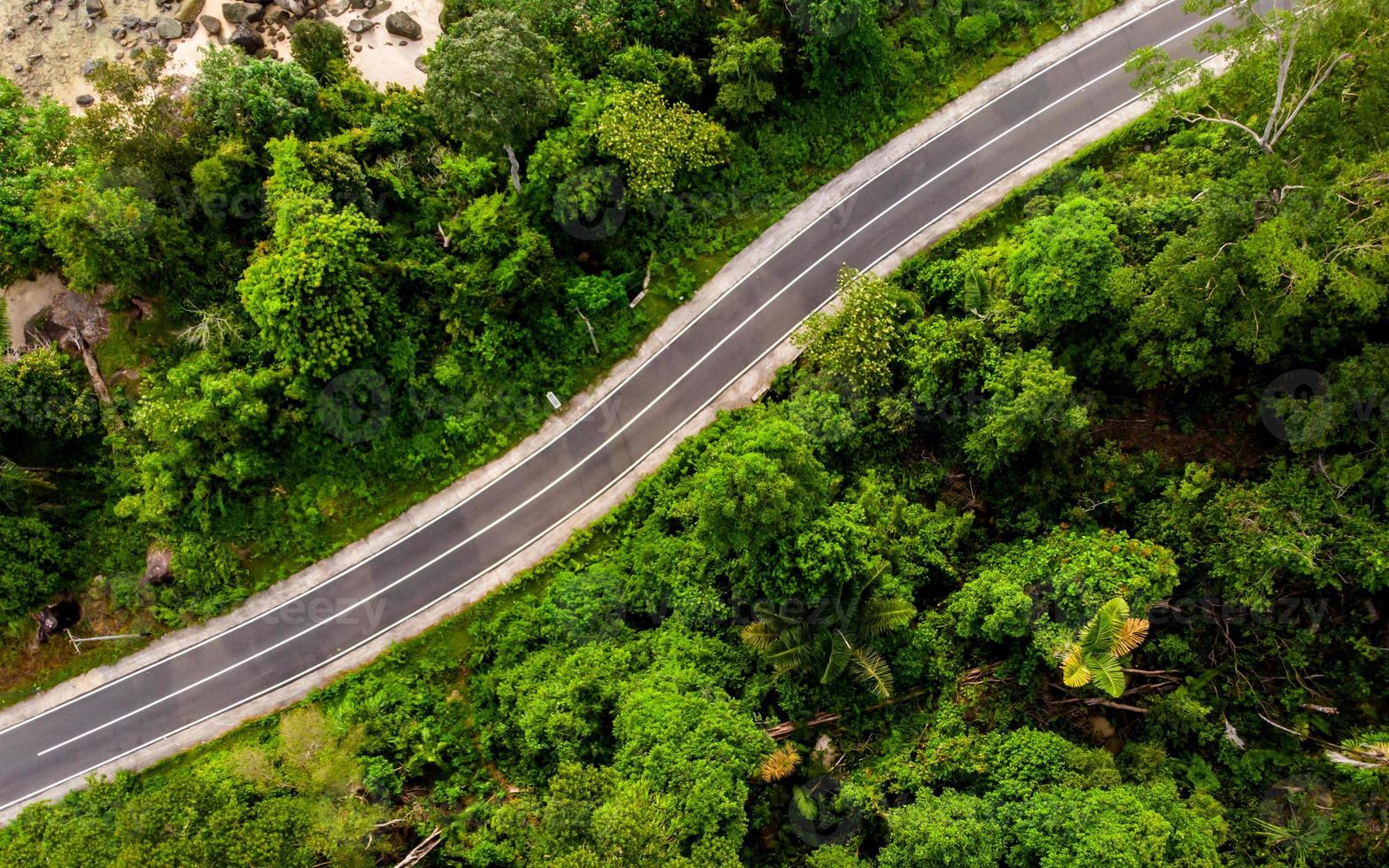 Aerial view of empty road with green forest photo