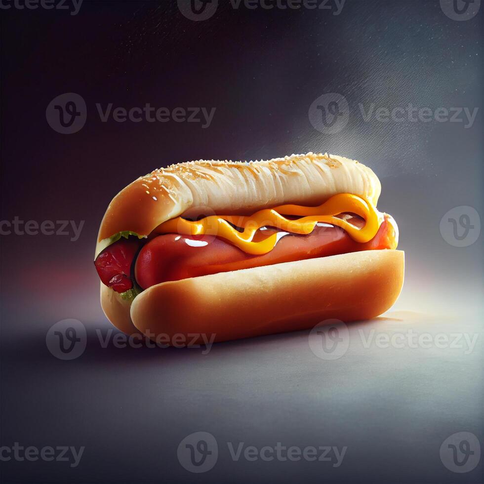 Fresh cooked hot dog with mustard and ketchup - image photo