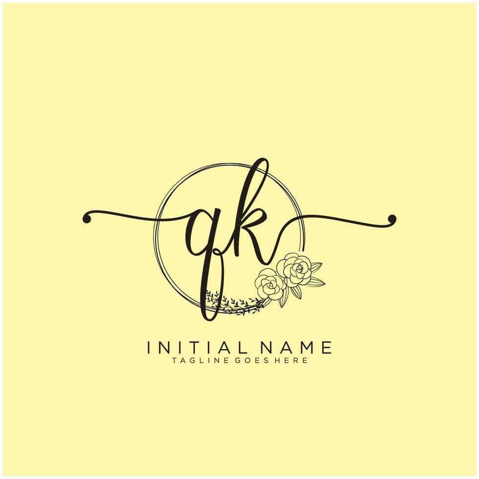 Initial QK feminine logo collections template. handwriting logo of initial signature, wedding, fashion, jewerly, boutique, floral and botanical with creative template for any company or business. vector