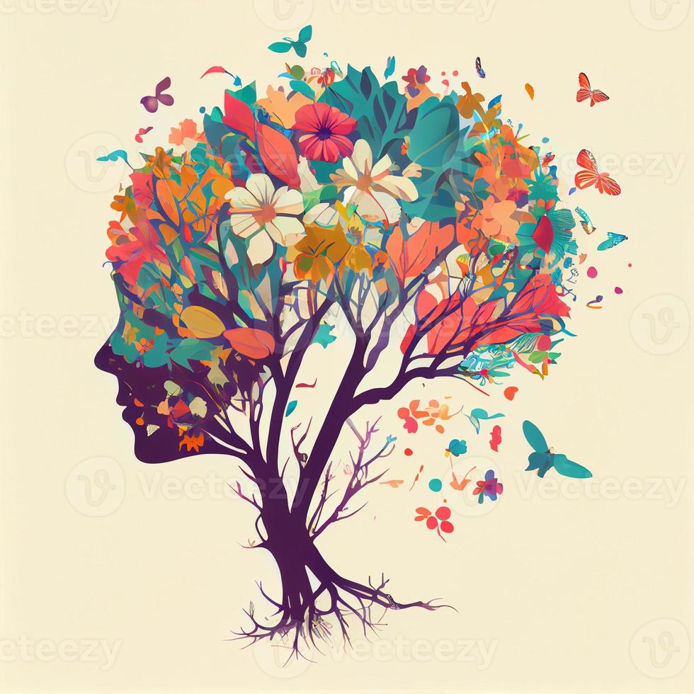 Human brain tree with flowers and butterflies, concept of self care, mind, ideas, creativity - AI generated image photo