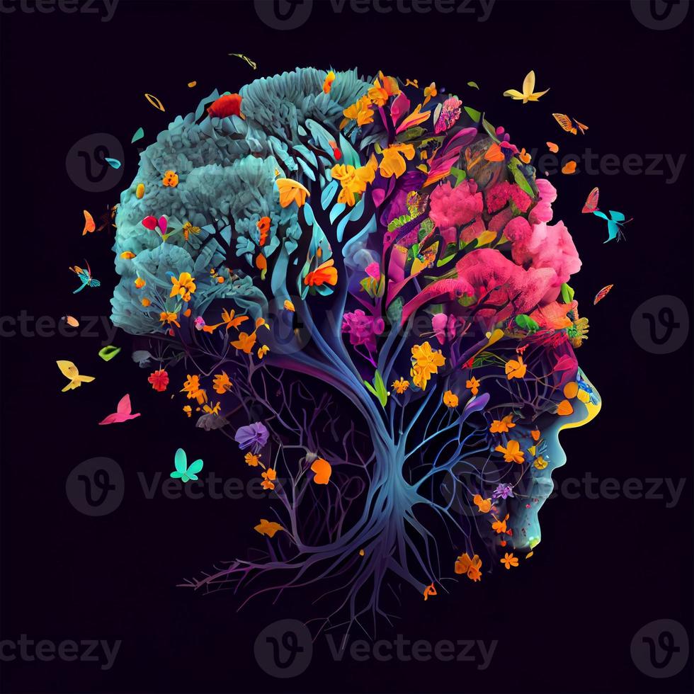 Human brain tree with flowers and butterflies, concept of self care, mind, ideas, creativity - AI generated image photo