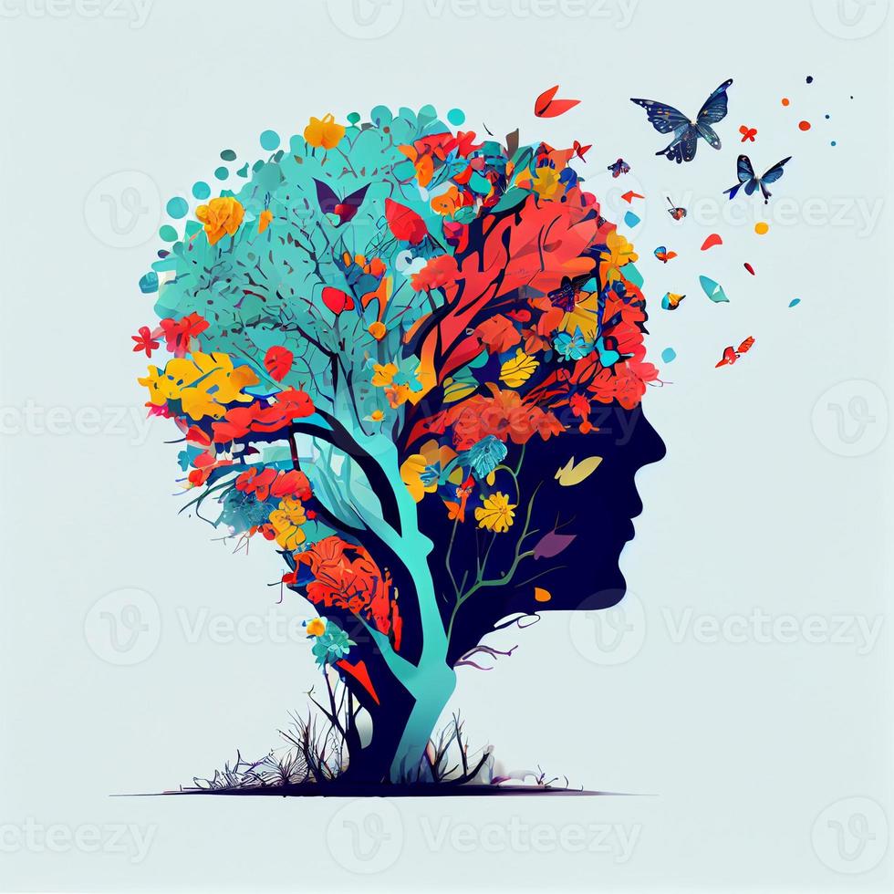 Human brain tree with flowers and butterflies, concept of self care, mind, ideas, creativity - AI generated image photo