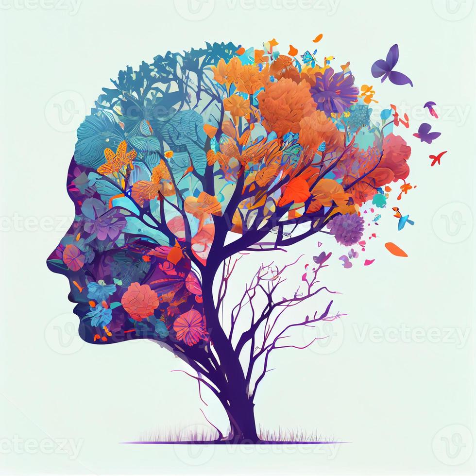 Human brain tree with flowers and butterflies, concept of self care, mind, ideas, creativity - AI generated image photo